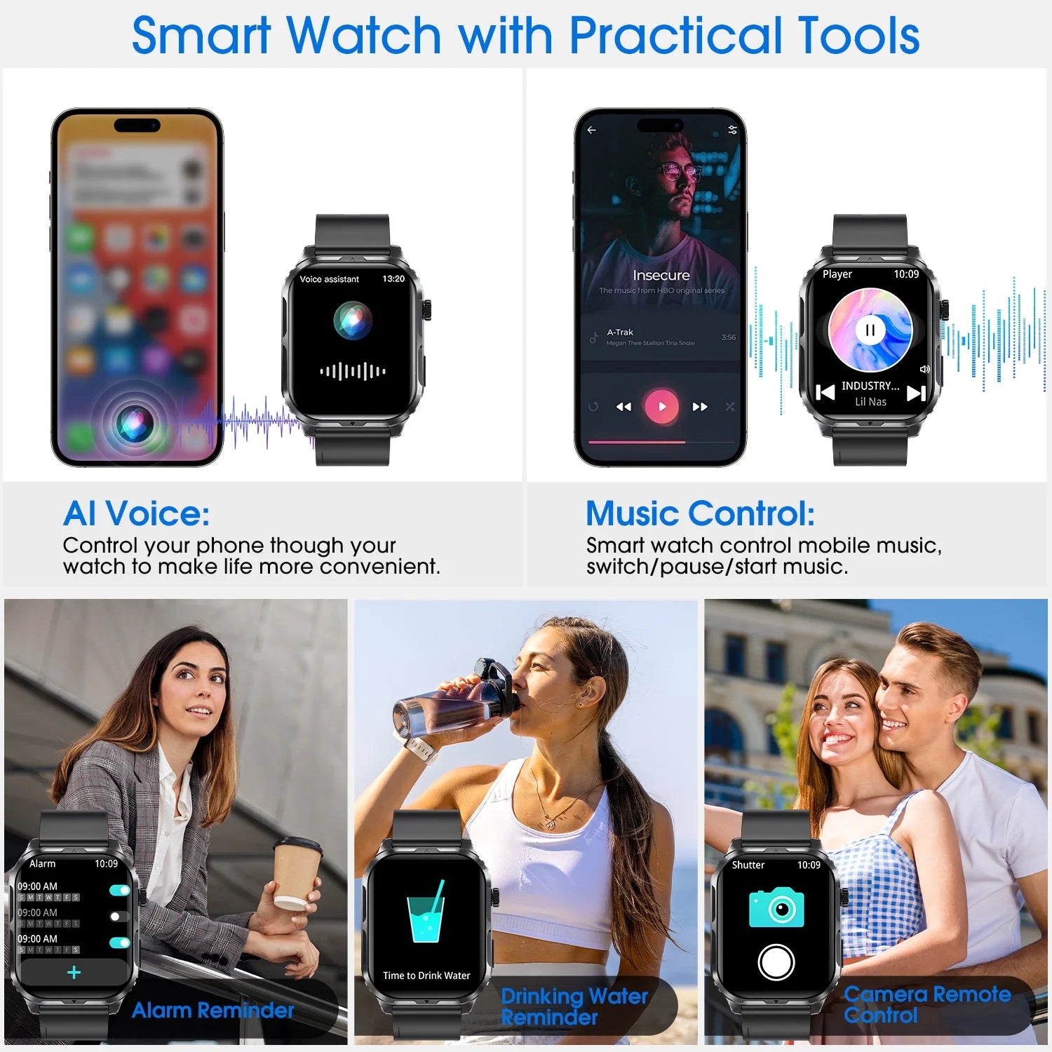 H5 Smart Watch with Bluetooth Call, IP68 Waterproof Fitness Tracker for Women and Men, Black