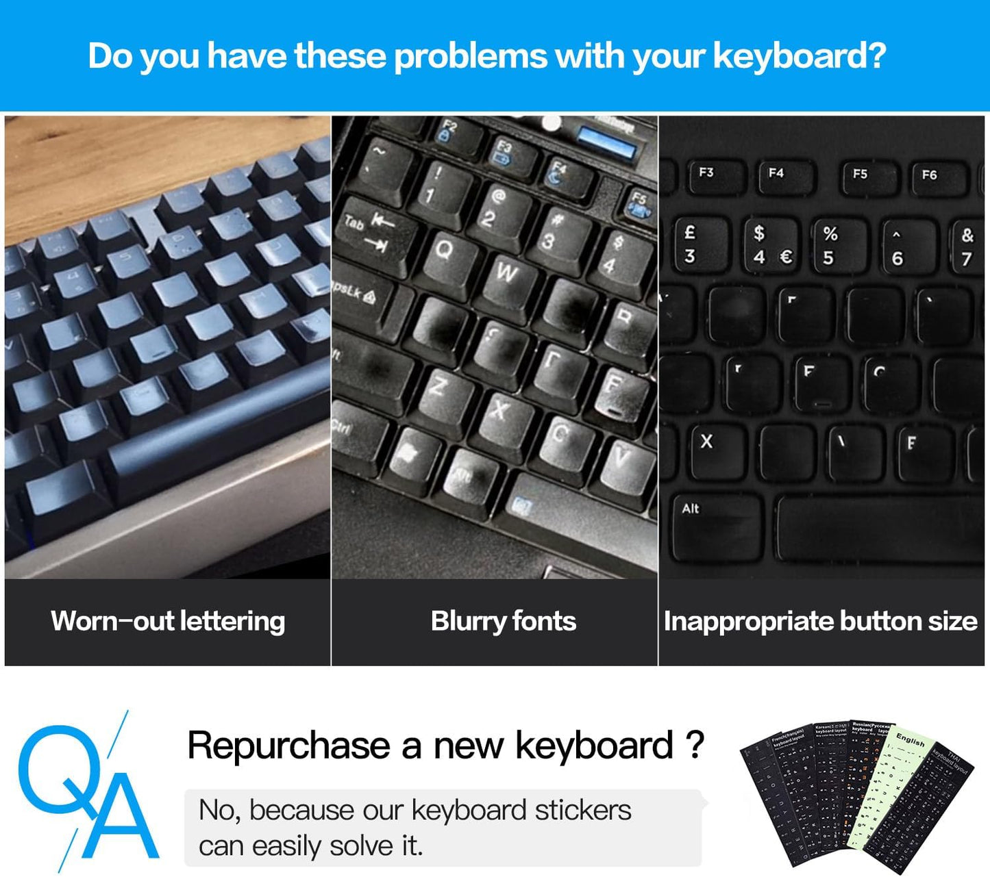 2PCS Pack Universal English Keyboard Stickers, Computer Keyboard Stickers Black Background with White Lettering for Computer Laptop Notebook Desktop (English)